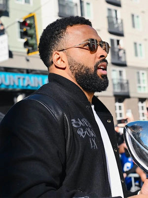 Recreated Seattle Seahawks Super Bowl LX Champions parade wool varsity jacket in black with bold embroidered championship graphics