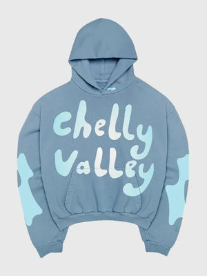 Recreated Coachella Justin Bieber Skylrk Chelly Valley pullover hoodie in blue with soft fleece interior and clean graphic detailing
