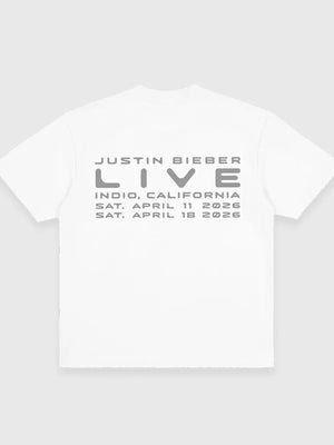 Recreated Coachella Justin Bieber Skylrk Live T-shirt in white with breathable material and modern streetwear styling
