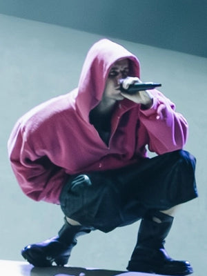 Recreated Justin Bieber pink fur hoodie from Coachella 2026 with full-zip front and cozy construction