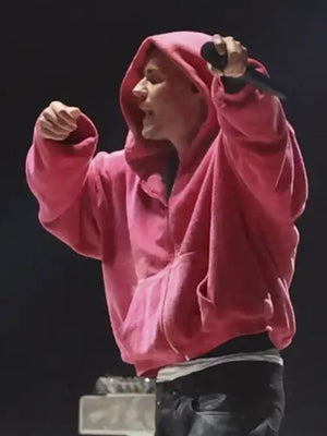 Justin Bieber Coachella 2026 pink zip up fur hoodie recreated with bold aesthetic and comfortable layering design