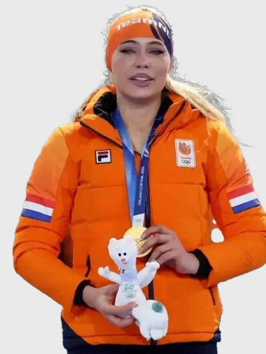 Milano Cortina 2026 Winter Olympics Team Netherlands quilted orange puffer jacket with high collar and sleek finish