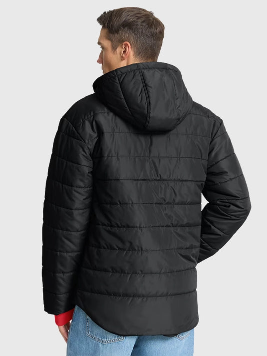 Kansas City Chiefs hooded black puffer jacket with quilted padding and Fanatics craftsmanship.