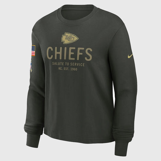 Kansas City Chiefs Nike Dark Green 2025 Salute to Service Long Sleeve Tee with team logo.