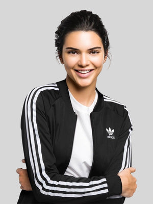 Recreated Kendall Jenner Adidas 2026 Three Stripe black cropped bomber jacket with signature sleeve stripes and modern tailored fit
