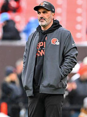 Recreated Kevin Stefanski Cleveland Browns sideline bomber jacket by Nike in black with modern outerwear styling