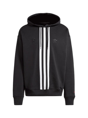 Recreated Adidas x Korn 2026 oversized black fleece hoodie with striped detailing and adjustable hood