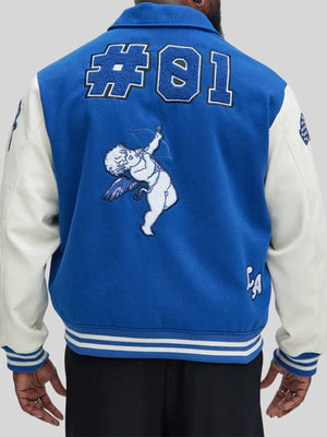 Recreated Koyin x Fashion Nova wool varsity jacket in blue with durable build and collegiate-inspired look