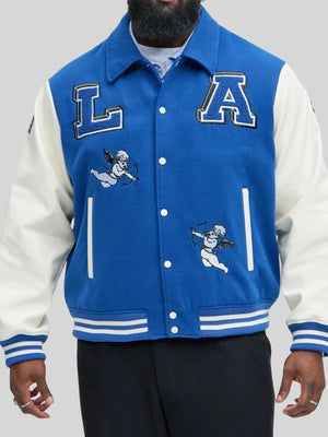 Recreated Koyin x Fashion Nova wool blue varsity jacket with contrast sleeves and classic collegiate styling