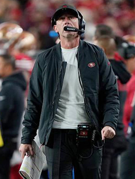 San Francisco 49ers black sideline bomber jacket recreated from Kyle Shanahan 2025 coach look with Nike influence
