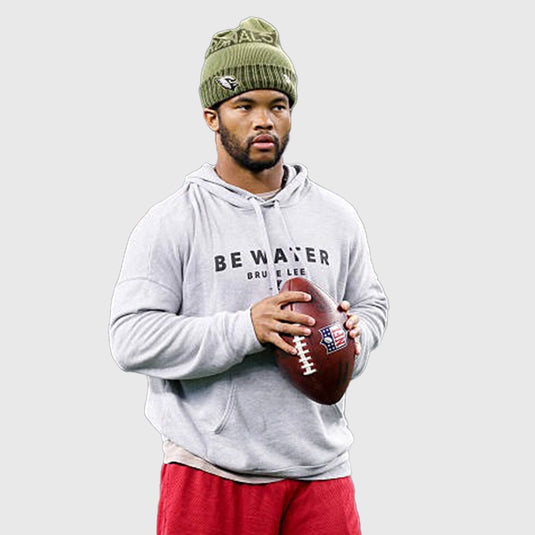 Kyler Murray Be Water grey hoodie showcasing Arizona Cardinals logo and iconic Bruce Lee message.