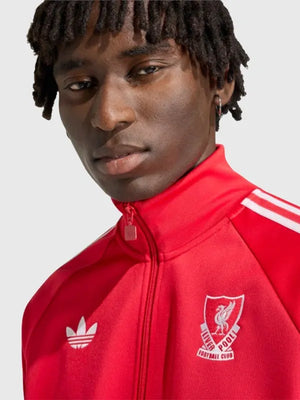 Recreated red LFC adidas fleece zip-up jacket offering relaxed fit and classic football-inspired styling