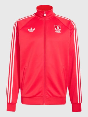 Recreated LFC adidas fleece track jacket in red combining soft insulation and versatile layering comfort