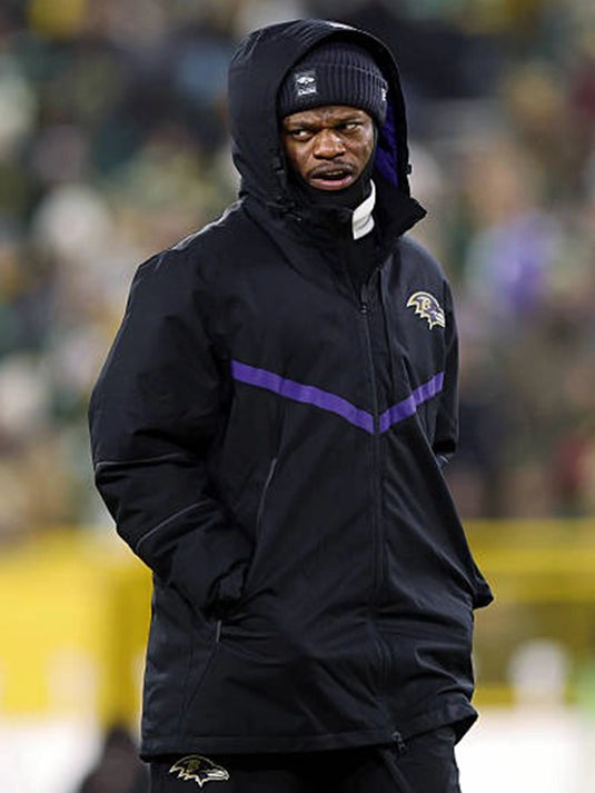 Recreated Lamar Jackson inspired black hooded full-zip jacket featuring Baltimore Ravens styling