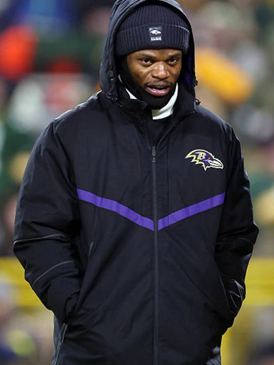 Lamar Jackson inspired Baltimore Ravens black jacket with full-zip closure and versatile everyday wear