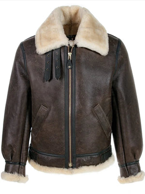 Classic Leon Kennedy B-3 leather bomber jacket from Resident Evil 4 Remake with distressed leather finish and warm shearling interior Resident Evil 4 Remake