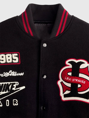 Levi’s x Jordan inspired 2026 black varsity jacket recreated with classic wool and leather contrast