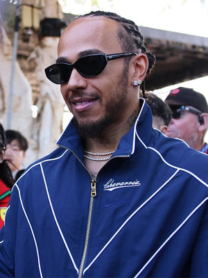Recreated unisex Lewis Hamilton Willy Chavarria blue track jacket with structured design and clean athletic lines