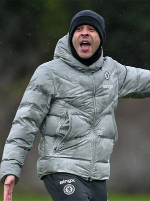 Chelsea training-inspired grey parachute puffer jacket designed for everyday outerwear wear