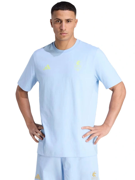 Adidas retro light blue t-shirt recreated for Boston Marathon 2026 with clean vintage graphics and casual fit