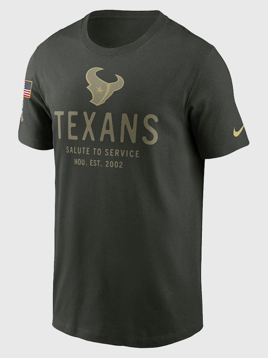 Nike forest green Houston Texans 2025 Salute to Service T-shirt with Primary Edge detailing and moisture-wicking Dri-FIT fabric.
