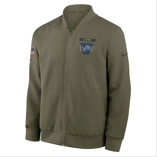 Olive green Nike 2025 Salute to Service bomber jacket showcasing Detroit Lions branding with a modern, performance-ready style.