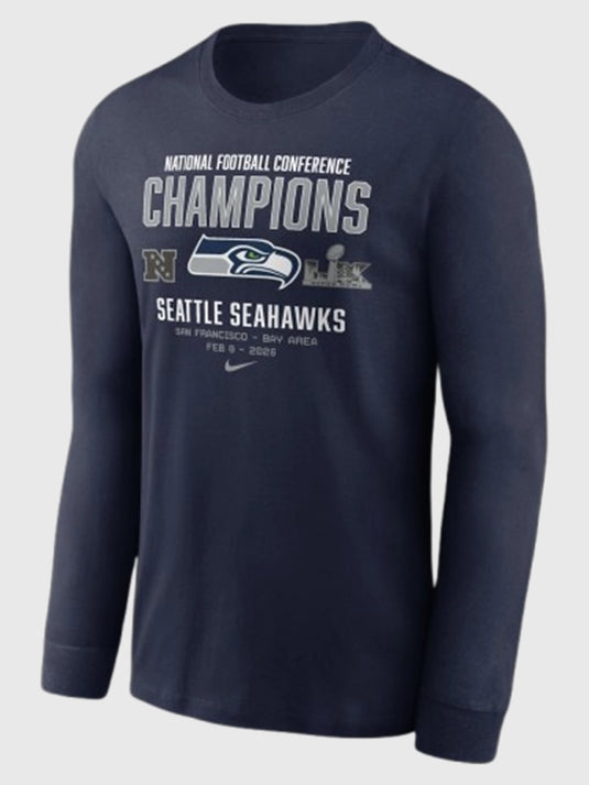 Nike Seahawks inspired 2025 NFC Champions Team Nation long sleeve shirt recreated in a classic navy finish