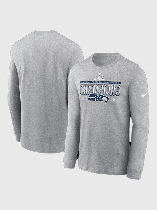 Made for none but the fans, the Seahawks NFC Champions Lock Room Long Sleeve Tee Celebrates 2025 Conference Championship round with its vibrant graphic & cozy fabric.