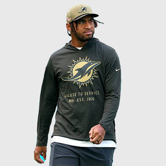 Forest green Miami Dolphins 2025 Salute to Service lightweight hooded T-shirt with pullover silhouette and soft texture.