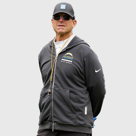 Los Angeles Chargers Jim Harbaugh 2025 AFC-West Nike Black Zip Up Hoodie featuring team details and modern fit.