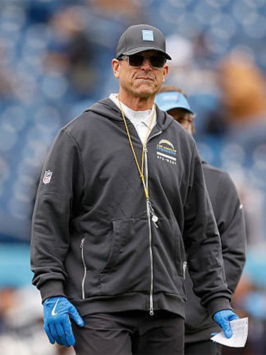 Los Angeles Chargers Jim Harbaugh 2025 Sideline Zip Up Hoodie with adjustable hood and sleek design.