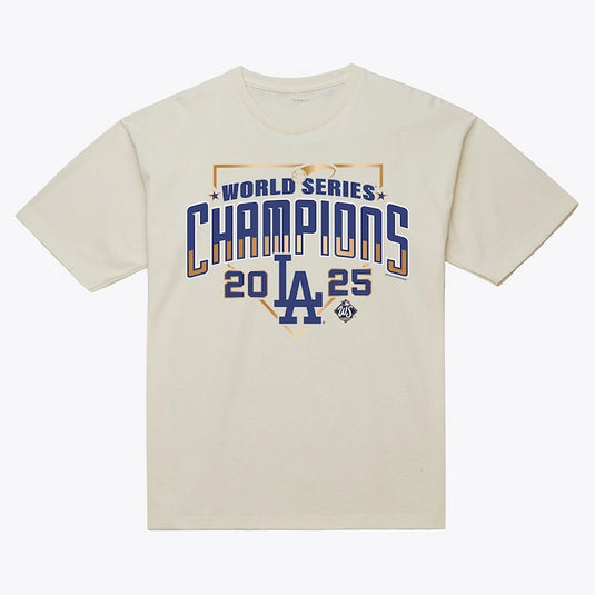 Mitchell & Ness Los Angeles Dodgers Cream T-Shirt with 2025 Champions arch design.