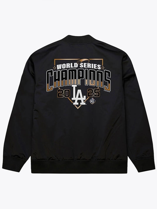 Mitchell & Ness 2025 Dodgers World Series Champions full-snap jacket in black with soft satin exterior and team graphics.