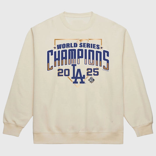 Cream Mitchell & Ness Dodgers Sweatshirt featuring 2025 World Series Champions arch logo.