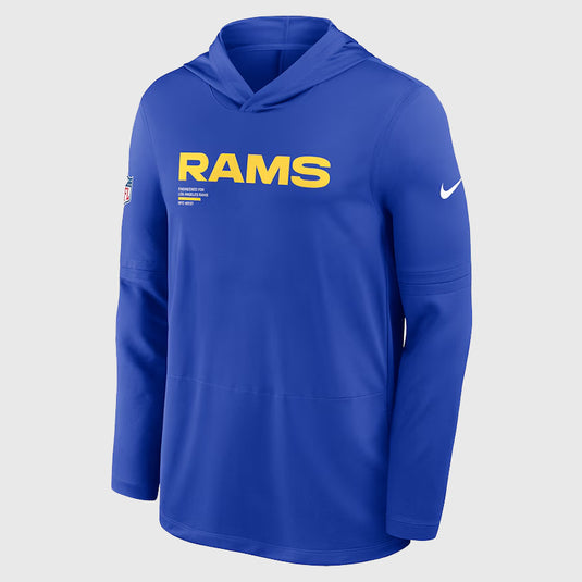 Lightweight performance hoodie t-shirt in blue modeled after Sean McVay’s 2025 LA Rams sideline outfit.
