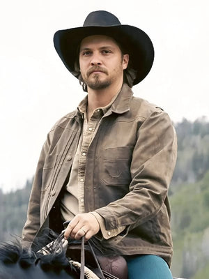 Recreated Luke Grimes Marshals 2026 TV Series Kayce Dutton brown cotton jacket featuring a classic shirt-style collar and button-front closure