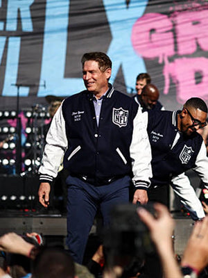 Recreated Super Bowl LX MVP wool varsity jacket in navy and white with classic button-front design