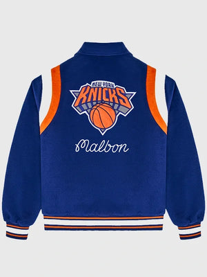 Recreated Malbon x New York Knicks 2026 wool varsity jacket in royal blue with structured fit and standout graphics