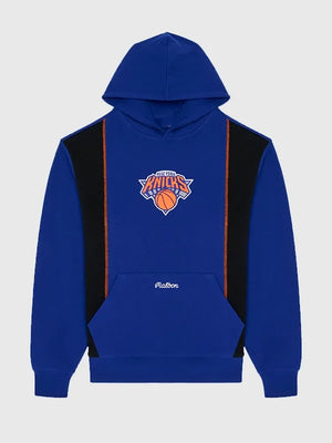Recreated 2026 Malbon x New York Knicks Borough pullover fleece hoodie in royal blue with bold team-inspired graphics
