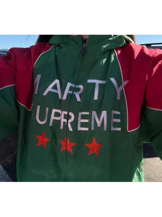 Marty Supreme green and red jacket hoodie recreation with streetwear-inspired silhouette