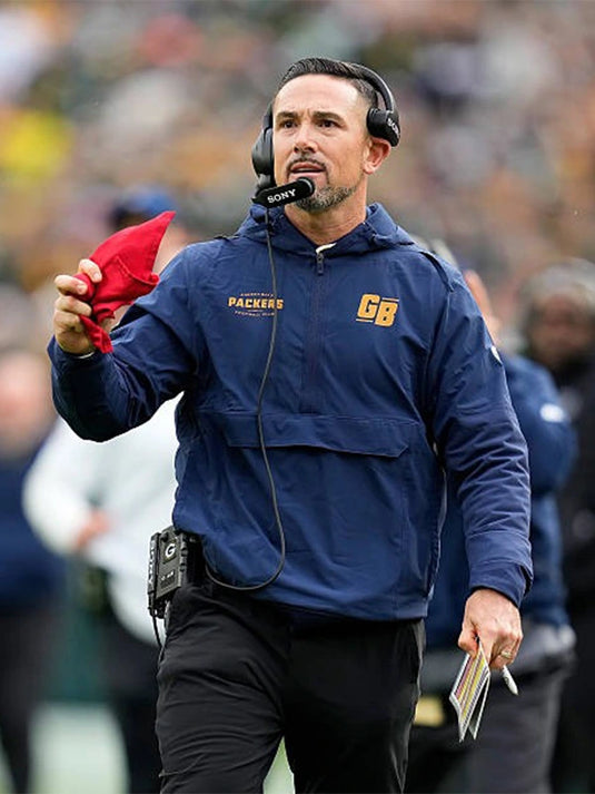 Nike Green Bay Packers 23 Classic Sideline Anorak Hoodie in navy inspired by Matt LaFleur’s game-day style.