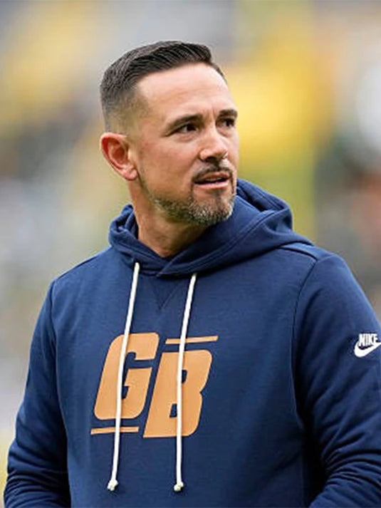 Nike navy pullover hoodie inspired by Matt LaFleur’s Green Bay Packers Alt Offensive Set Play sideline gear.