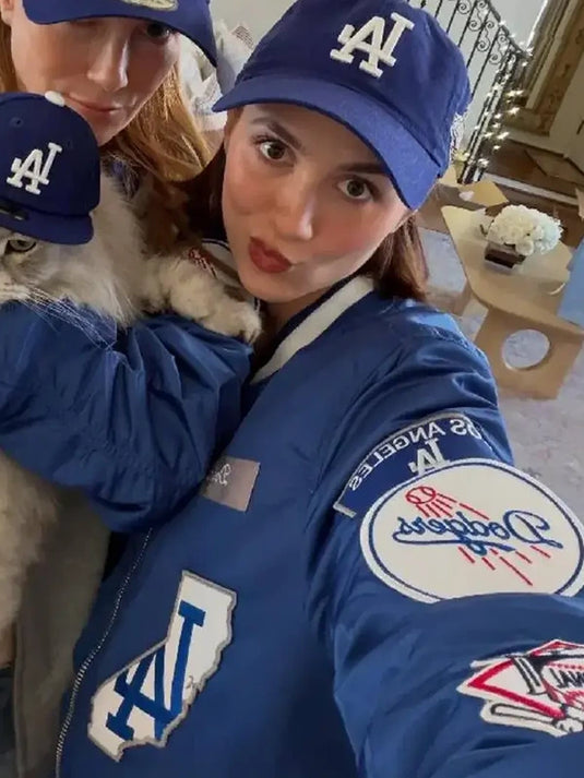 Maude Apatow-inspired LA Dodgers blue varsity jacket recreated for the 2025 World Series edition.