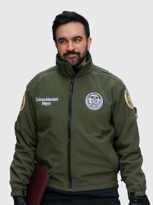 RECREATED Mayor Zohran Mamdani green cotton jacket featuring a timeless casual outerwear design
