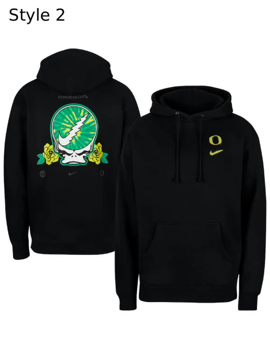 Nike Grateful Dead x Oregon Ducks hoodie in black with pullover athletic design.