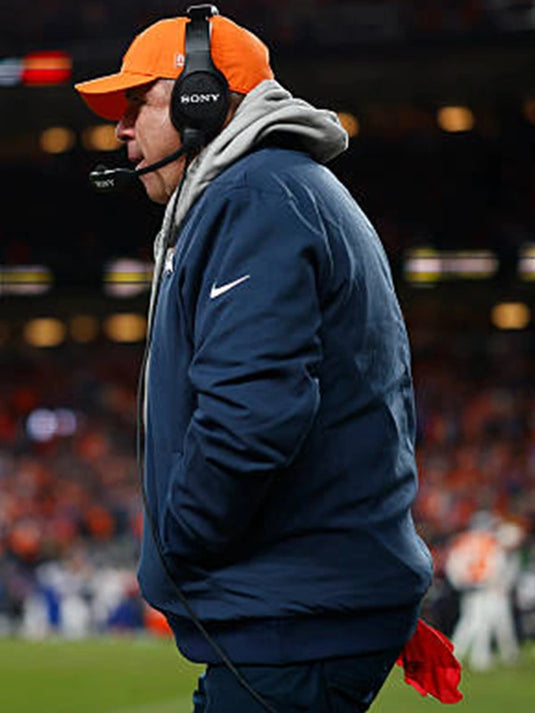 Denver Broncos coach sideline bomber jacket in deep navy with a streamlined and modern silhouette