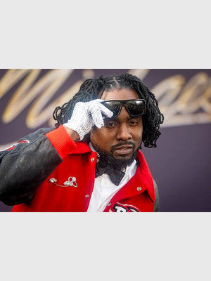 Wale Michael Jackson MM Varsity Jacket from the 2026 premiere event featuring clean design lines and bold two-tone streetwear appeal