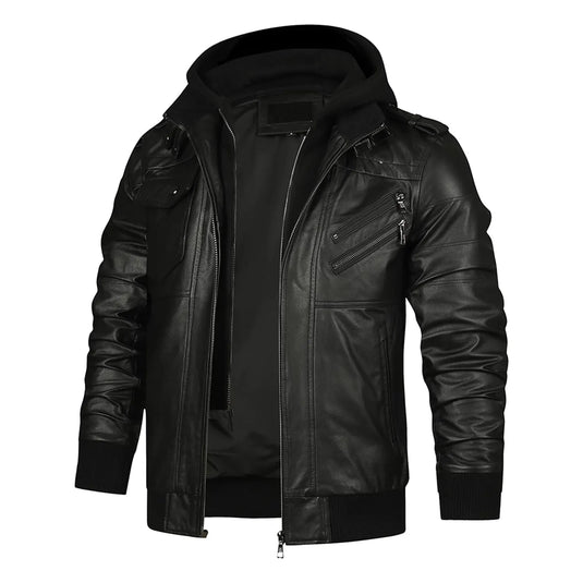 Miguel Black Hooded Leather Jacet