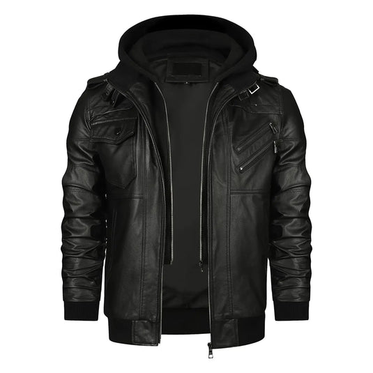 Miguel Black Hooded Leather Jacet