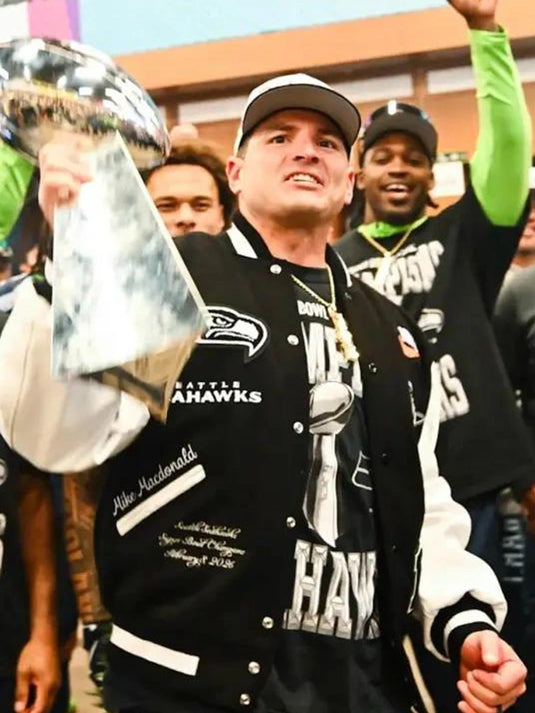Recreation Seattle Seahawks Coach Mike Macdonald Super Bowl LX 2026 Champions black and white varsity jacket with bold team embroidery